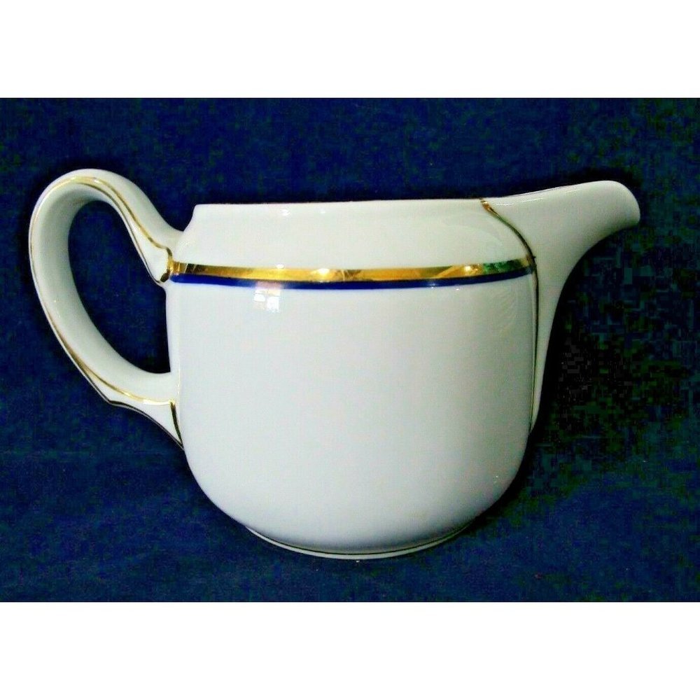 Rosethal Bavaria Art Deco White Creamer Pitcher Jug Gold and Blue Line Trim EUC